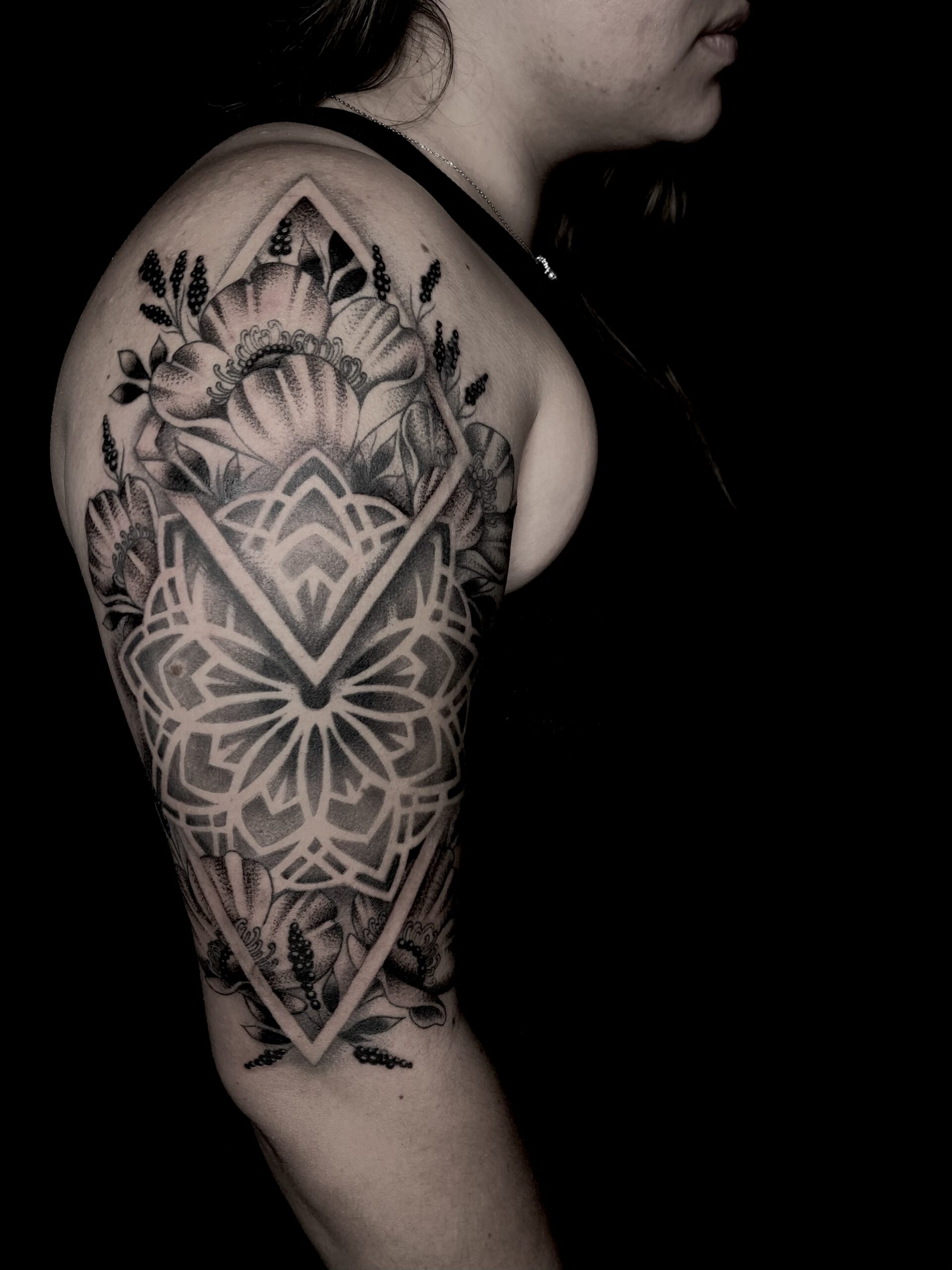 Blackwork Tattoo, Upper Arm Tattoo, Flower Tattoo, Sacred Geometry Tattoo | DH Tattooing - Livermore, California's Premier Tattoo Studio