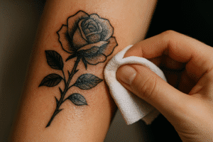 A close-up of a freshly inked tattoo being gently cleaned with a soft cloth, emphasizing proper aftercare techniques.